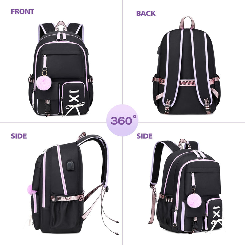 Backpack for Girls Women College Laptop Backpacks Girl Cute School Bag Set with Lunch Box Kids Bookbag with USB Charging Port College Middle High School Backpack for Teen Girls Travel Daypack (Black)