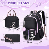 Backpack for Girls Women College Laptop Backpacks Girl Cute School Bag Set with Lunch Box Kids Bookbag with USB Charging Port College Middle High School Backpack for Teen Girls Travel Daypack (Black)
