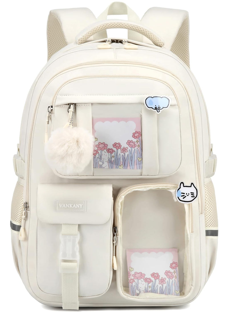 Backpack for Teen Girls, Cute Aesthetic School Backpacks with Accessories for Middle High School Students, Designer Backpack for Kids Bookbag, Beige