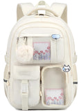 Backpack for Teen Girls, Cute Aesthetic School Backpacks with Accessories for Middle High School Students, Designer Backpack for Kids Bookbag, Beige
