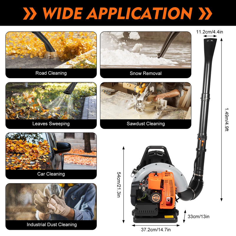 Backpack Gas Powered Leaf Blower, Commercial 2.7kW 850CFM 63CC 4.3HP 2 - Stroke Powerful Lightweight Gasoline Grass Lawn Blower w/Harness Air - Cooled & 1.8L Fuel Tank for Yard Lawn Care, Snow Removal