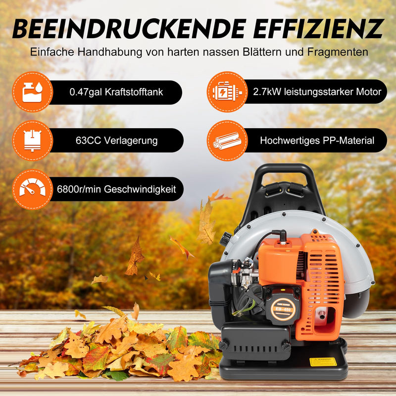 Backpack Leaf Blower 63CC 2 Stroke Backpack Gas Powered Leaf Blower with 1.8L Fuel Tank, Grass Lawn Blower Air Cooling Gasoline Grass Blower for Leaf, Sand, Gravel, Snow, Yard and Driveway