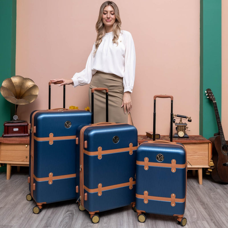Badgley Mischka Grace 3 Piece Polycarbonate - ABS Expandable Retro Luggage Set (Navy)