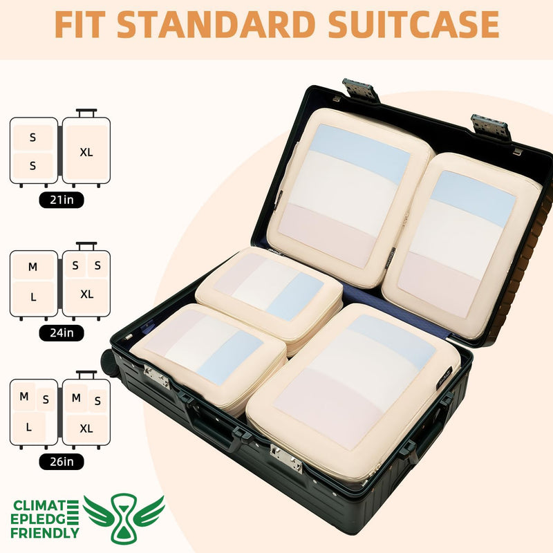 BAGAIL 4 Set/6 Set/8 Set Compression Packing Cubes Travel Accessories Expandable Packing Organizers (Square Mesh, 06 - Beige)