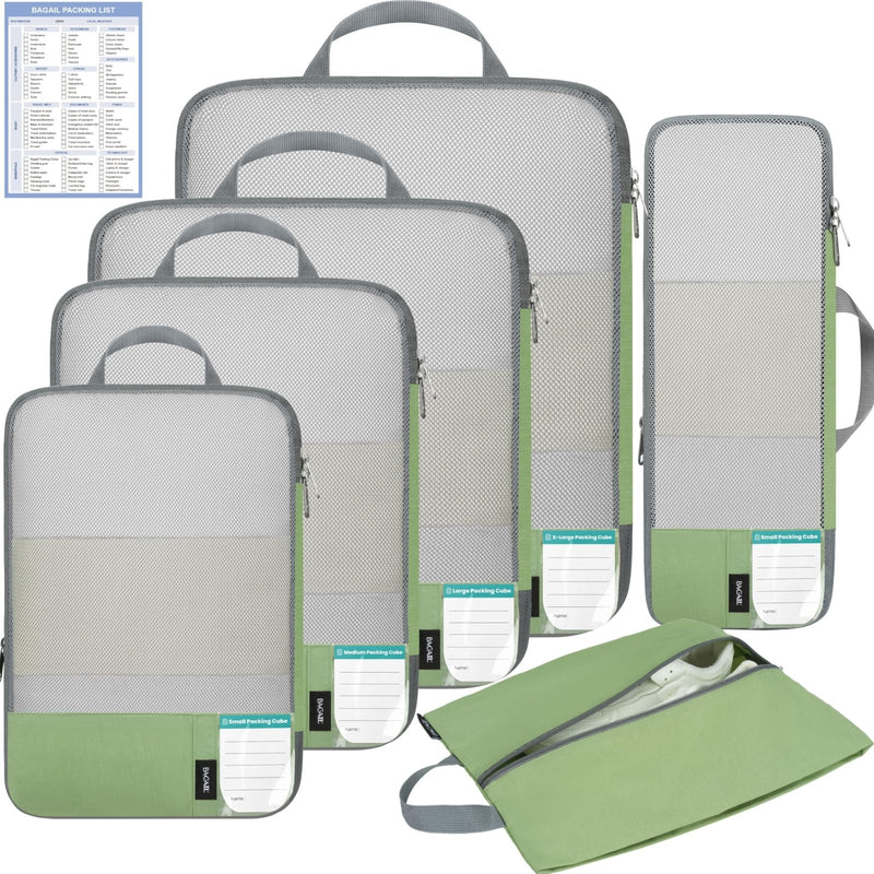 BAGAIL 6 Set Lightweight Compression Packing Cubes with Packing List, Anti - Tearing Expandable Organizer Bags for Travel, Matcha Green