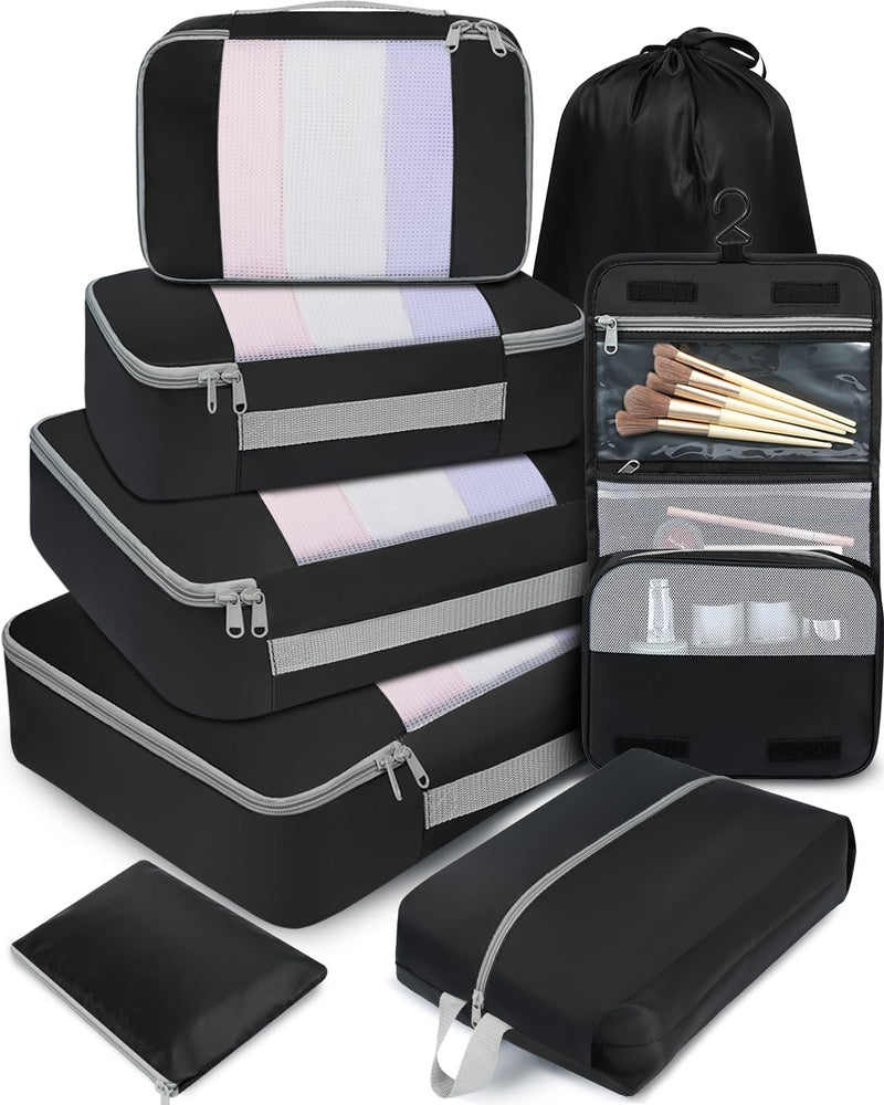BAGAIL 8 Set Packing Cubes Various Sizes Packing Organizer for Travel Accessories Luggage Carry On Suitcase - Black