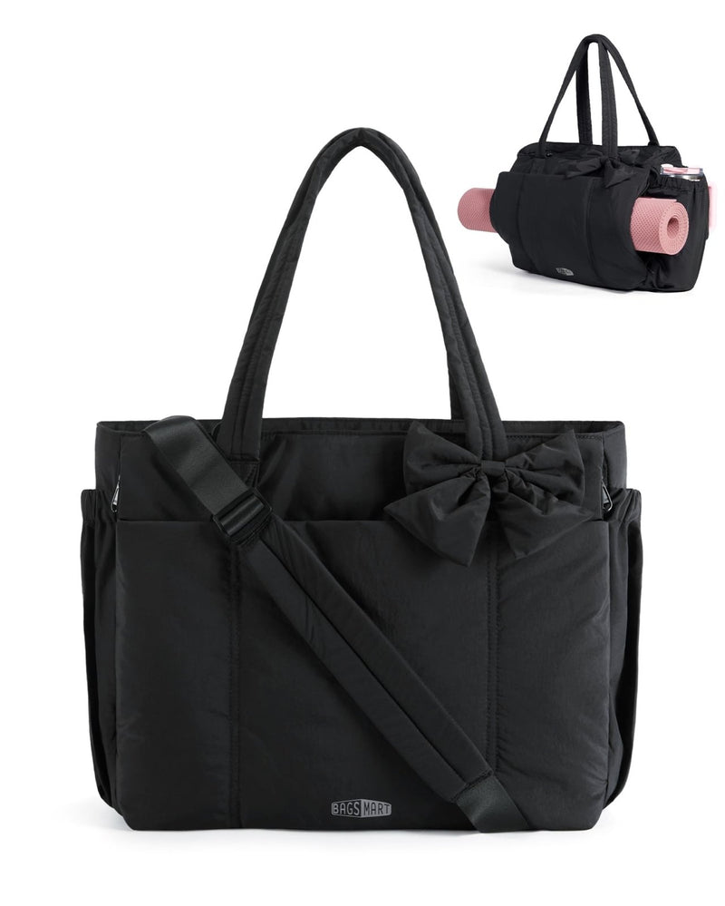 BAGAMSRT Crush Bow Tote Bag for Women, Large Work Tote with 40oz Tumbler, Puffer Travel Tote Bag for Work, Yoga, Gym