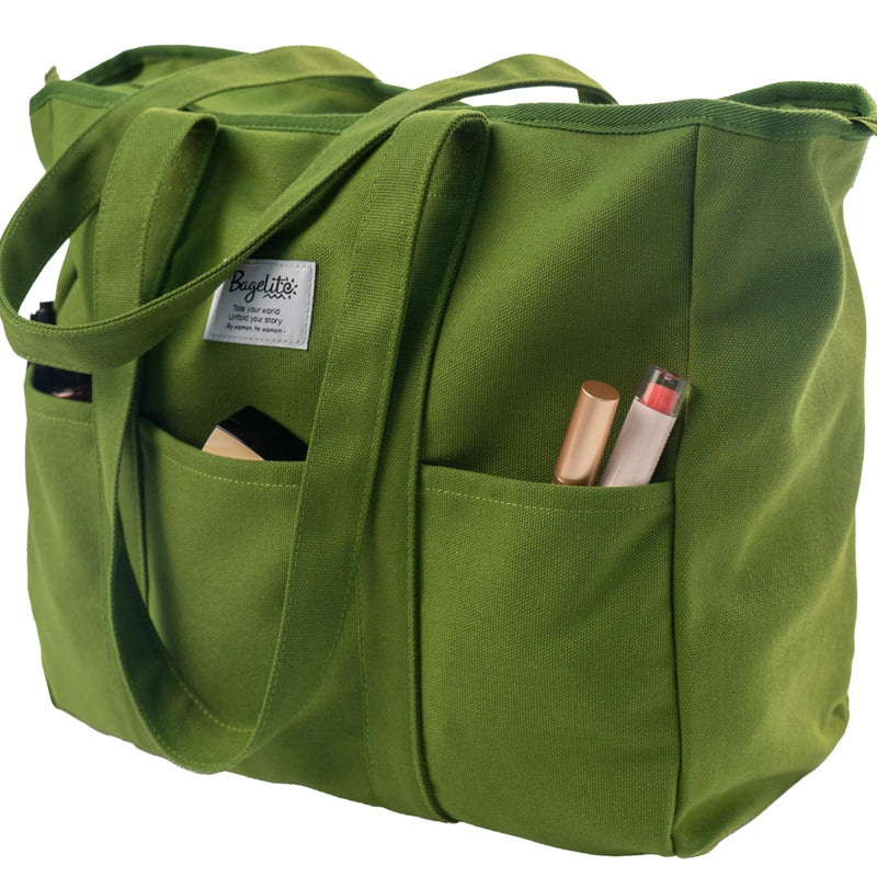 Bagelite Extra Large Canvas Tote for Women Men, Utility Work Bag with Zipper, Big Laptop Bags, Teacher Tote, Green
