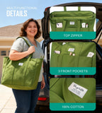 Bagelite Extra Large Canvas Tote for Women Men, Utility Work Bag with Zipper, Big Laptop Bags, Teacher Tote, Green