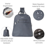 Baggallini Essential Mini Backpack Purse for Women - Built-in RFID Card Holder - Convertible Sling Bag with Adjustable Shoulder Strap, Charcoal Gray