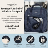 Baggallini Securtex Anti - Theft Windsor Backpack for Travel, Work & College, RFID & Locking Zipper, Up to 16" Laptop