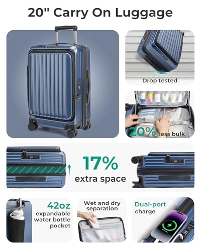 BAGSMART 20" Expandable Top-Opening Carry-On, Double Spinner, TSA, Blue