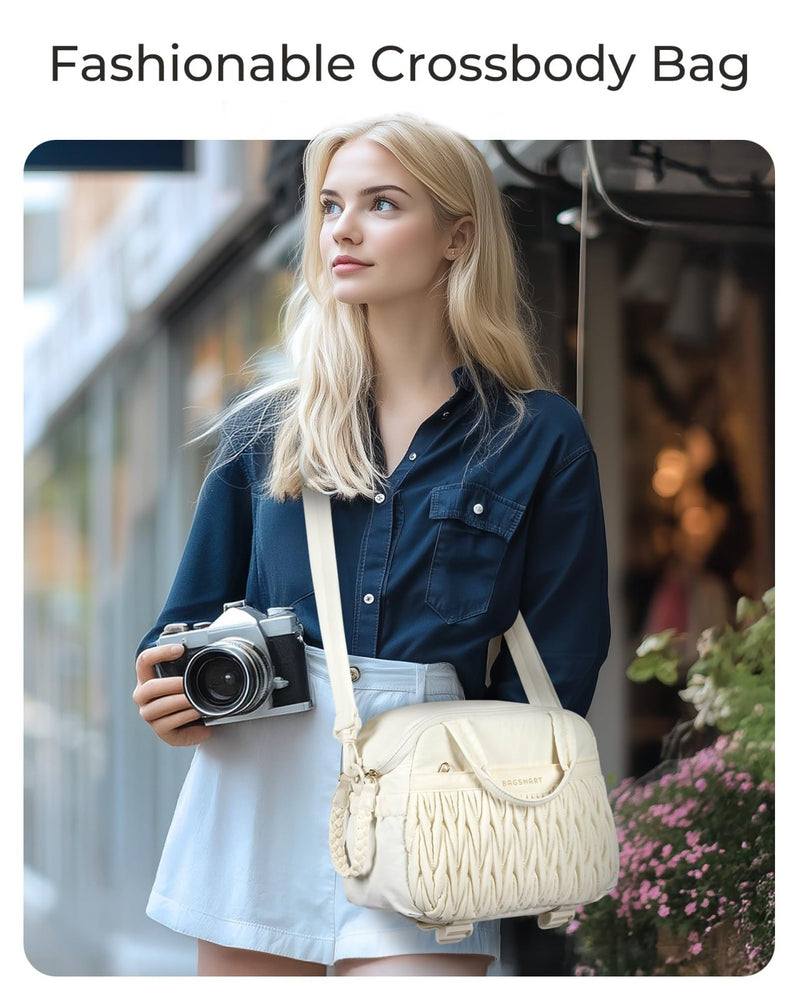BAGSMART Camera Sling Bag, Portable Small Camera Bags for Photographers with Tripod Holder, Waterproof DSLR/SLR/Cute Camera Case for Women with Rain Cover, Compatible with Sony Canon Nikon, Beige