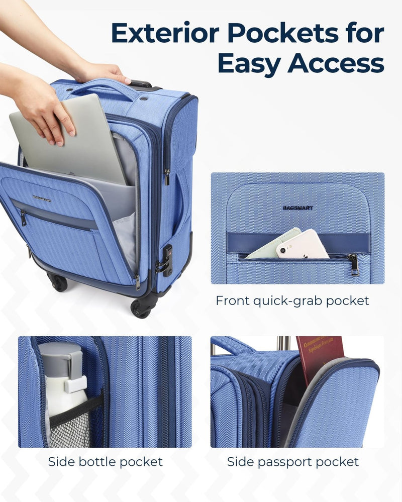 BAGSMART Carry - On Luggage Airline Approved, 20 inch Expandable Suitcase with Duffel bag, Softside Lightweight Suitcases with Spinner Wheels, Blue