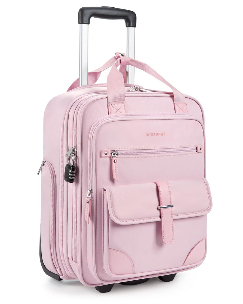 BAGSMART Carry on Luggage with Wheels, 16 - inch Underseat Travel Suitcase Airline approved, Lightweight Softside Carry - on Luggage for Airplanes Women Overnight Rolling Bags for Short Trip, Baby Pink