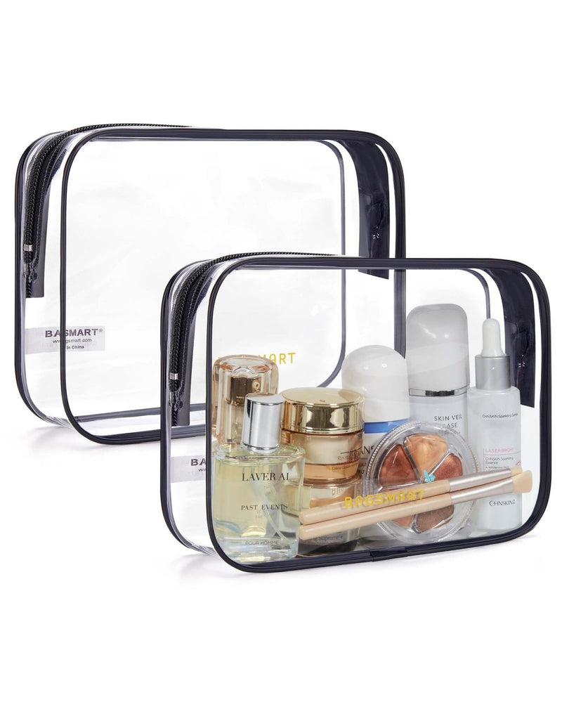 BAGSMART Clear Toiletry Bag, 2 Pack TSA Approved Travel Toiletry Bag Carry on Travel Accessories Bag Airport Airline Quart Size Bags Water Repellent Makeup Cosmetic Bag for Women (Black - 2pcs)