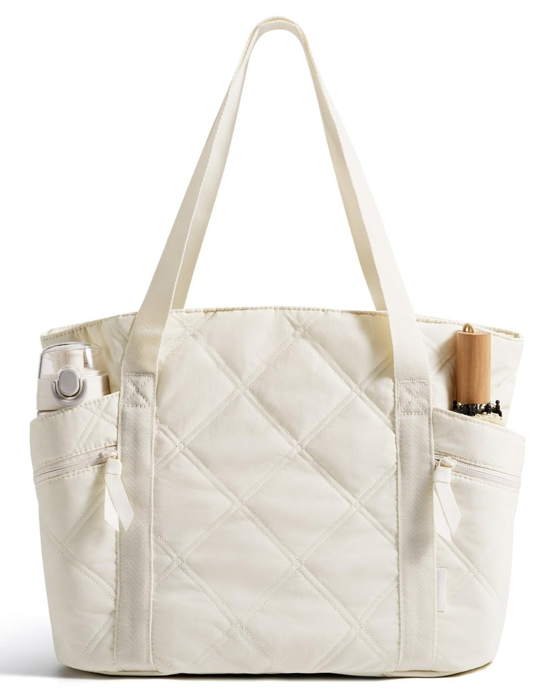 BAGSMART Crush Tote Bag for Women, 20L Puffer Work Tote with Zipper, Travel Essentials Quilted Nurse Hospital Bag, Beige