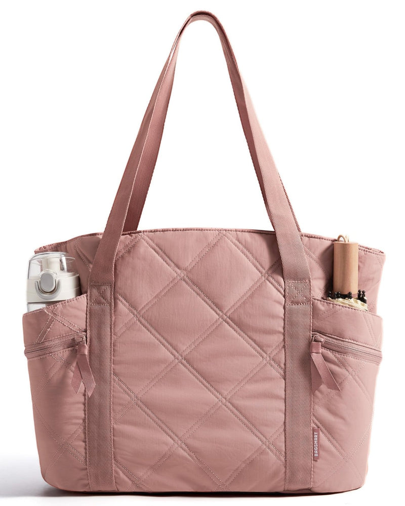 BAGSMART Crush Tote Bag for Women, 20L Puffer Work Tote with Zipper, Travel Essentials Quilted Nurse Hospital Bag, Brier Rose