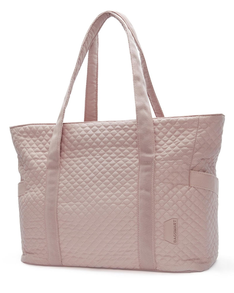 BAGSMART Crush Tote Bag for Women, 20L Puffer Work Tote with Zipper, Travel Essentials Quilted Nurse Hospital Bag, Pink