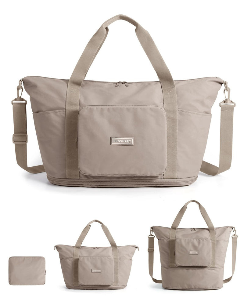 BAGSMART Foldable Travel Bag, 37L Duffle Bag for Travel, Expendable Carry on Weekender Duffel, Lightweight Personal Item Bag, Camel