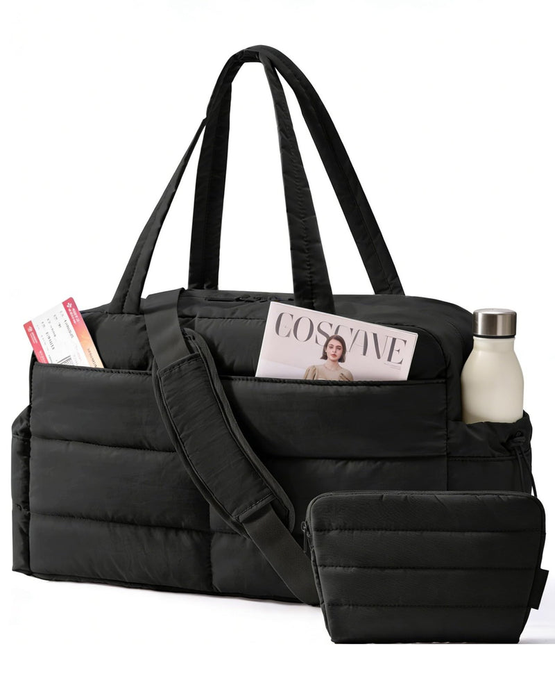 BAGSMART Gym Bag for Women, Lightweight Puffer Duffle Bag 2 - PC Travel Bag, 31L Weekender Overnight Bag Quilted Carry On Tote Bag, Diaper Hospital Dance bag for Travel, Gym, Water Resistant, Black