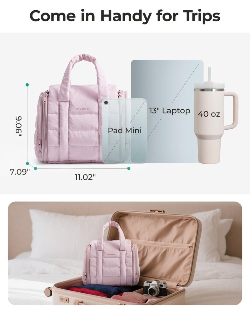 BAGSMART Hanging Toiletry Bag with Removable Partition, Puffy Water - resistant Fabric, Cosmetic Bag Makeup Bag for Full Sized Toiletries, Nude Pink