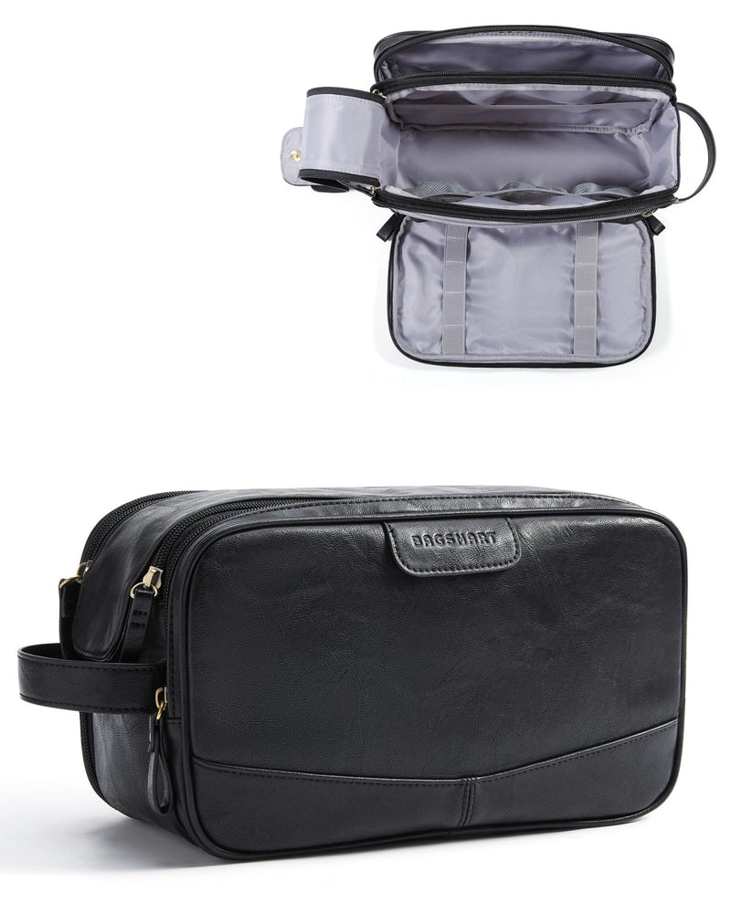BAGSMART Large Toiletry Bag for Men, High - gloss PU Leather Travel Bag for Toiletries, Dopp Kit Water Resistant Shaving Bag for Bathroom Shower - Black