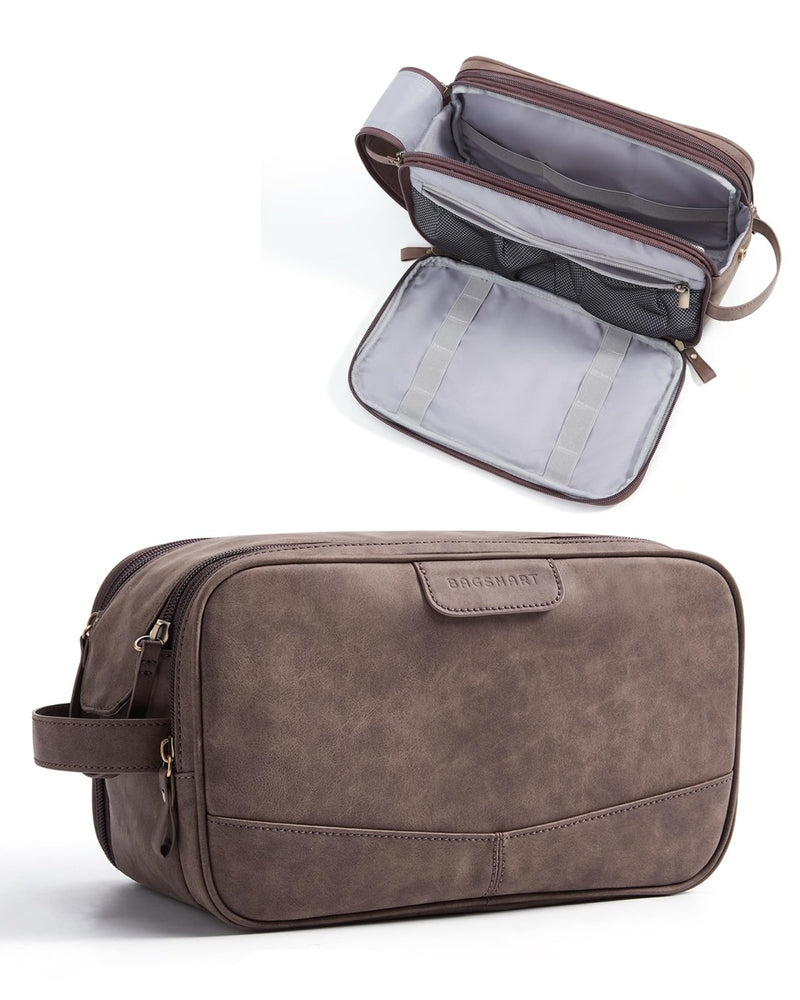 BAGSMART Large Toiletry Bag for Men, Soft Matte PU Leather Travel Bag for Toiletries, Dopp Kit Water Resistant Shaving Bag for Bathroom Shower - Dark Brown