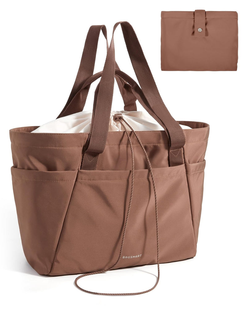 BAGSMART Large Tote Bag for Women, 32L Expandable Reusable Grocery Bag, Foldable Handbag for Shopping Gym College Overnight, Coffee