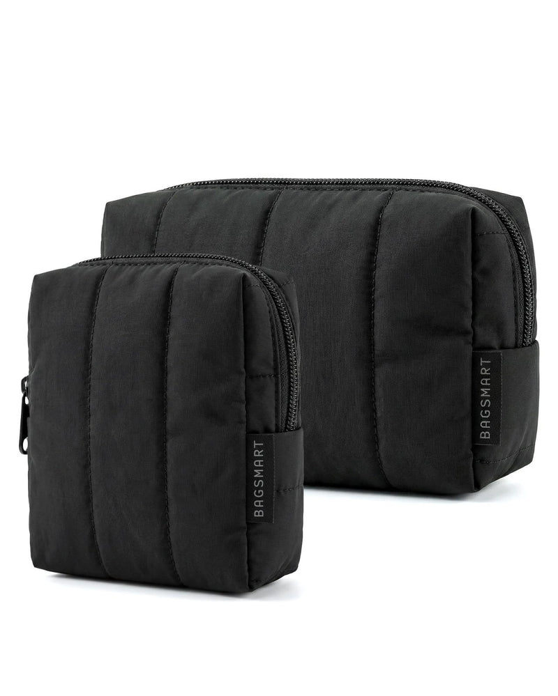 BAGSMART Makeup Bag Duo Set, Puffy Padded Travel Cosmetic Organizer with Slip - in Pockets, Large Toiletry Bag & Small Purse Pouch, Travel Essentials for Women, Black