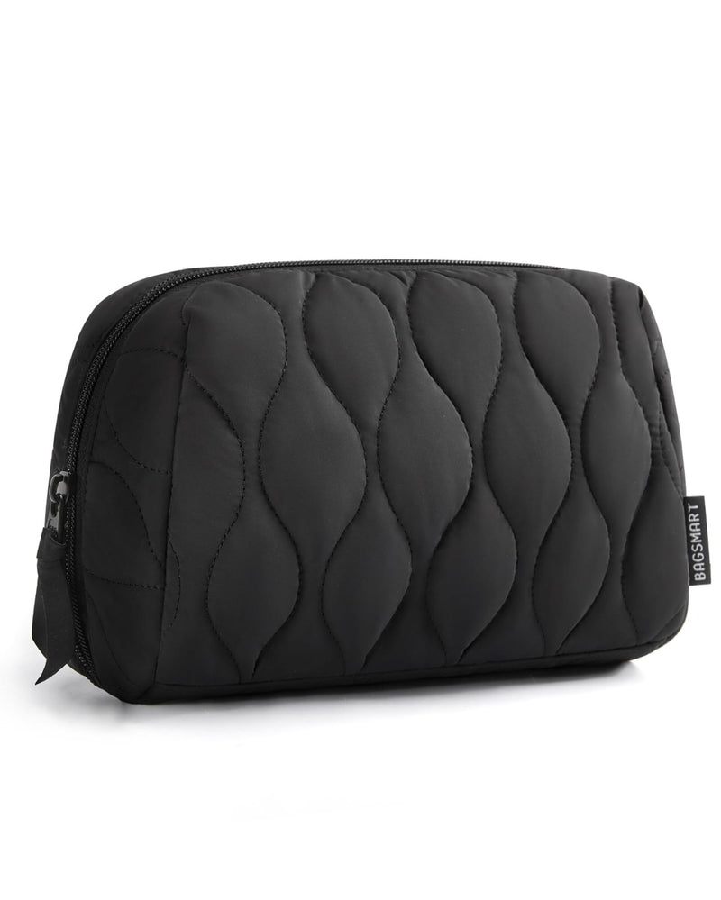 BAGSMART Makeup Bag, Travel Cosmetic Bag, Puffy Padded Make Up Bag for Women, Makeup Organizer Case, Wide - open Pouch Purse, Travel Essentials, Toiletries Accessories Brushes, Black