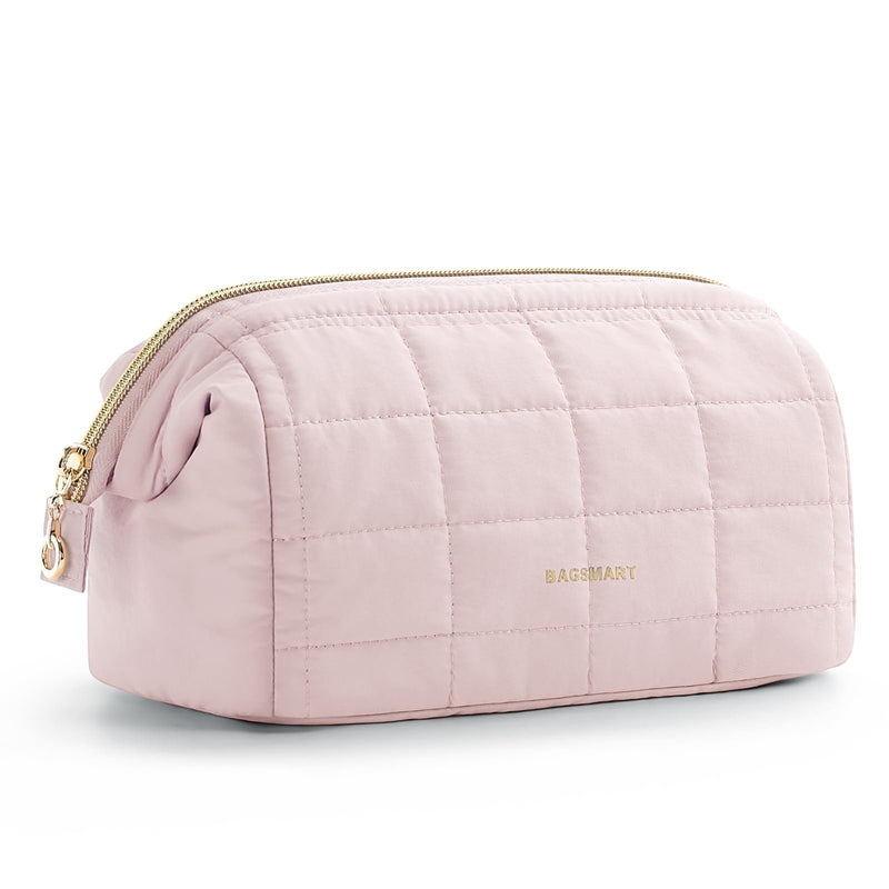BAGSMART Makeup Bag Travel Toiletry Bag, Puffy Padded Make Up Bags for Women Makeup Organizer Case, Wide - open Pouch Purse Travel Essentials Toiletries Accessories Brushes, Pink