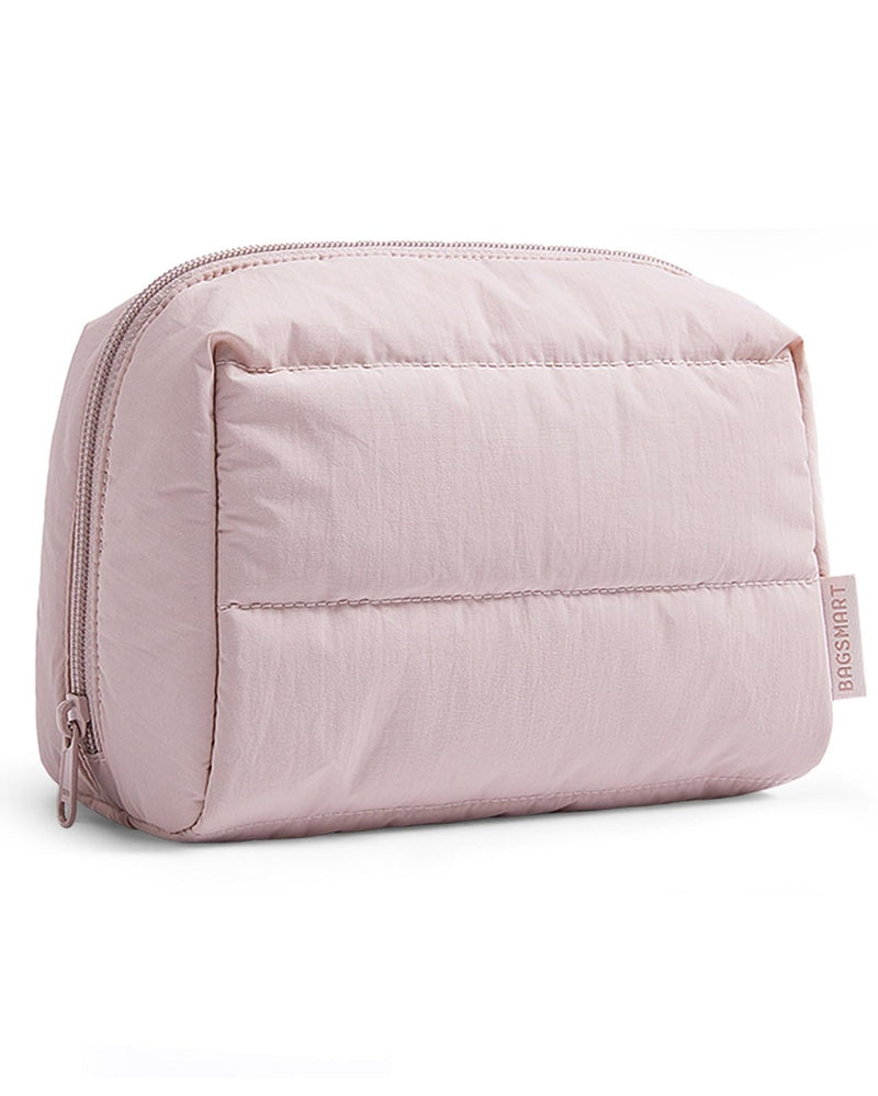 BAGSMART Puffy Makeup Bag, Wide Opening Cosmetic Bag Compact & Spacious, Water - Resistant Travel Organizer Pouches for Women (Baby Pink)