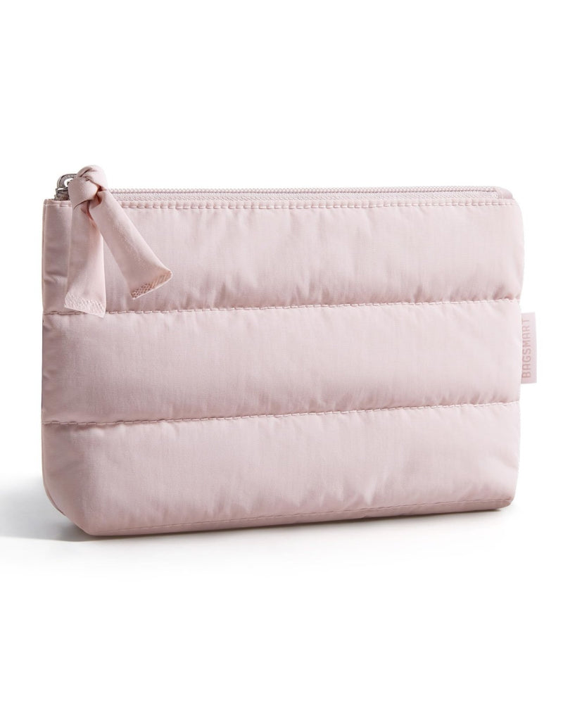 BAGSMART Small Makeup Bag, Puffy Portable Cosmetic Pouch with Charm Zipper, Water - Resistant Travel Organizer for Women (Baby Pink, Small)