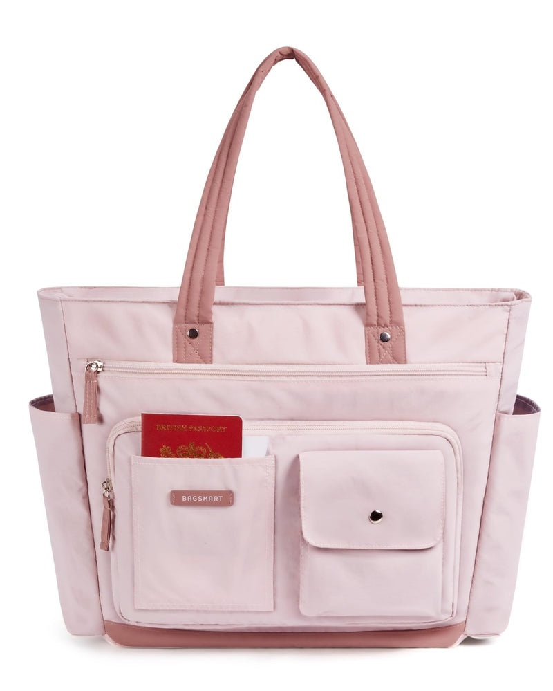 BAGSMART Small Tote Bag for Women, Lightweight Zippered Travel Handbag Casual Purse for Work, Pink