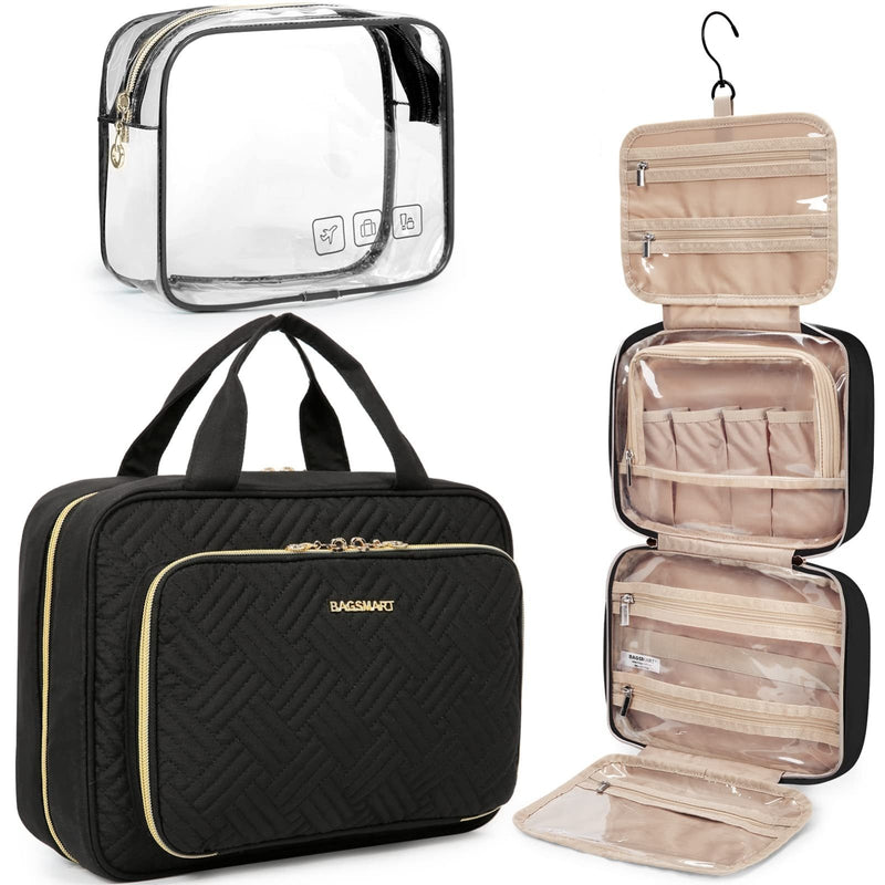 BAGSMART Toiletry Bag Hanging Travel Makeup Organizer with TSA Approved Transparent Cosmetic Bag Makeup Bag for Full Sized Toiletries, Medium - Black