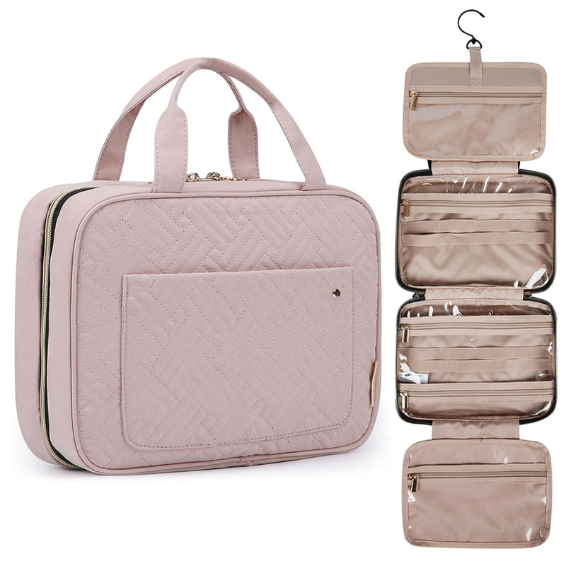 BAGSMART Toiletry Bag Travel Bag with Hanging Hook, Water - resistant Makeup Cosmetic Bag Travel Organizer for Accessories, Shampoo, Full - size Container, Toiletries (Baby Pink, Medium)