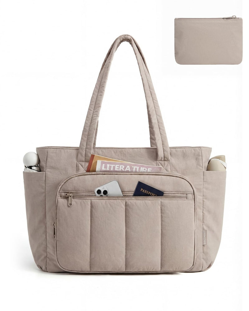 BAGSMART Tote Bag for Women, 2 Set Puffer Tote Bag with Zipper, Quilted Nurse Handbags for Work Travel College, Camel