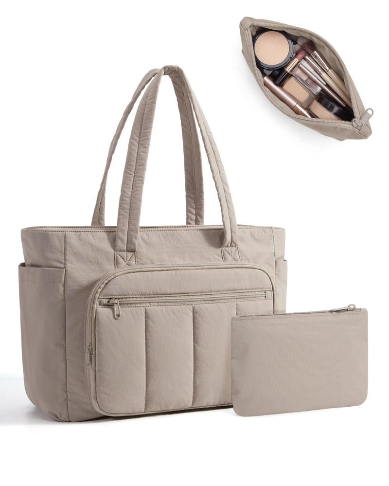 BAGSMART Tote Bag for Women, 2 Set Puffer Tote Bag with Zipper, Quilted Nurse Handbags for Work Travel College, Camel