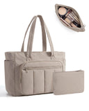BAGSMART Tote Bag for Women, 2 Set Puffer Tote Bag with Zipper, Quilted Nurse Handbags for Work Travel College, Camel