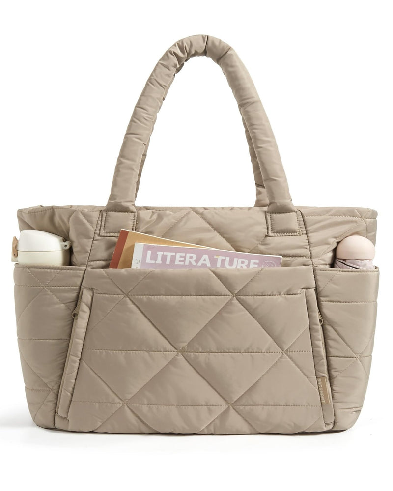 BAGSMART Tote Bag for Women, Puffy Tote Bag with Zipper, Large Quilted Shoulder Bag with Compartments for Travel, Work, Gym (Grayish Brown)