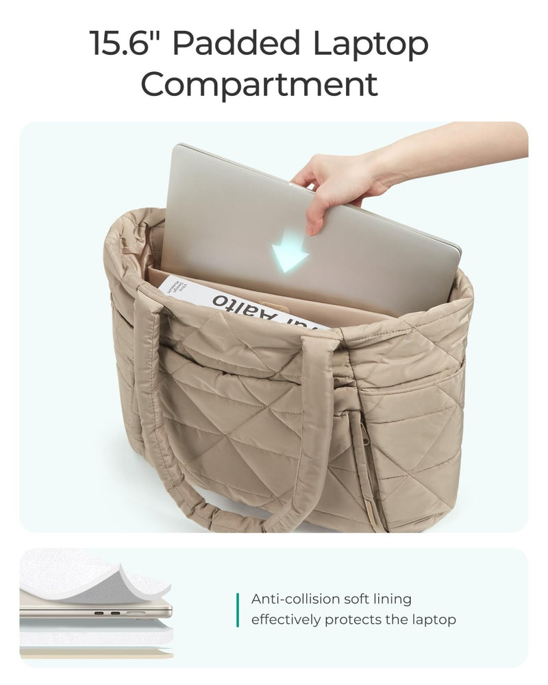 BAGSMART Tote Bag for Women, Puffy Tote Bag with Zipper, Large Quilted Shoulder Bag with Compartments for Travel, Work, Gym (Grayish Brown)