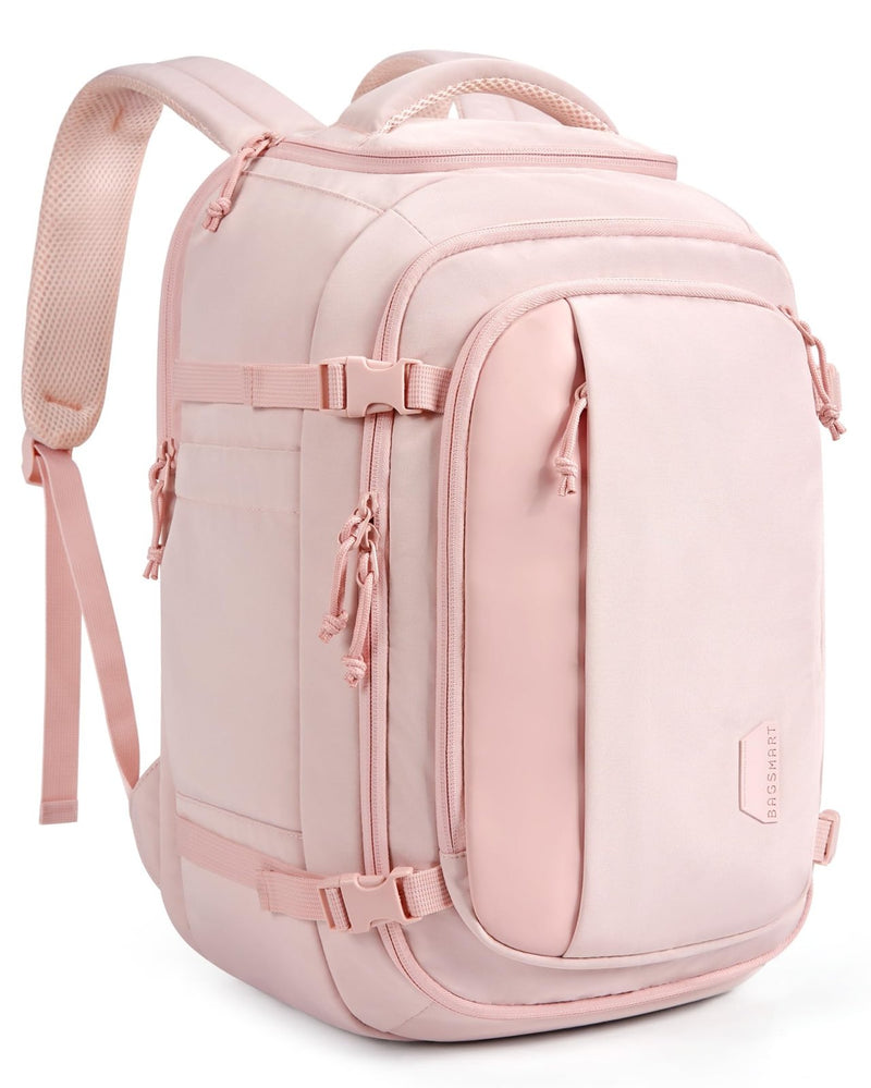 BAGSMART Travel Backpack Carry on Flight Approved, 28L Lightweight Backpack Fits 17.3 Inch Laptop for Men Women, Water Resistant Personal Item Travel Bag with USB Charging Port, Pink