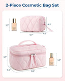 BAGSMART Travel Makeup Bag, 2 - Piece Puffy Quilted Cute Make Up Bag Cosmetic Bags for Women, Large Wide - Open Toiletry Pouch Gifts for Toiletries Accessories Travelling Essentials, Pink