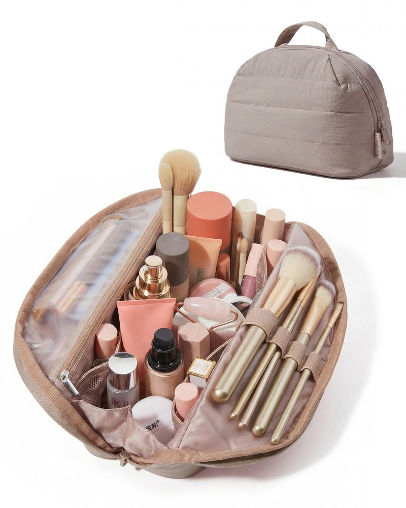 BAGSMART Travel Makeup Bag for Women, Portable Fold - down Cosmetic Case, Puffy Padded Make Up Organizer Pouch, Water - resistant Toiletry Bag for Toiletries, Brushes (Brown)