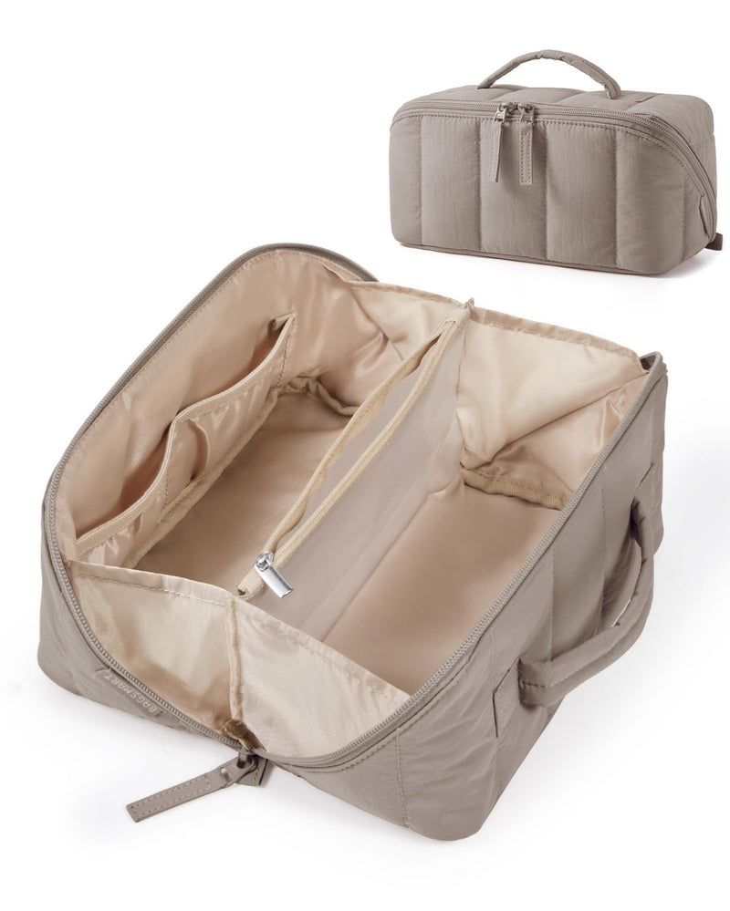 BAGSMART Travel Makeup Bag for Women, Portable Water - resistant Cosmetic Case, Puffy Padded Make Up Organizer Pouch, Open Flat Toiletry Bag for Toiletries, Brushes, Brown