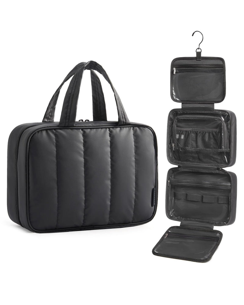 BAGSMART Travel Toiletry Bag for women, Portable Hanging Hook Makeup Bag Organizer, Waterproof Makeup Cosmetic Bag, for Full - Size Accessories, Toiletries,Black
