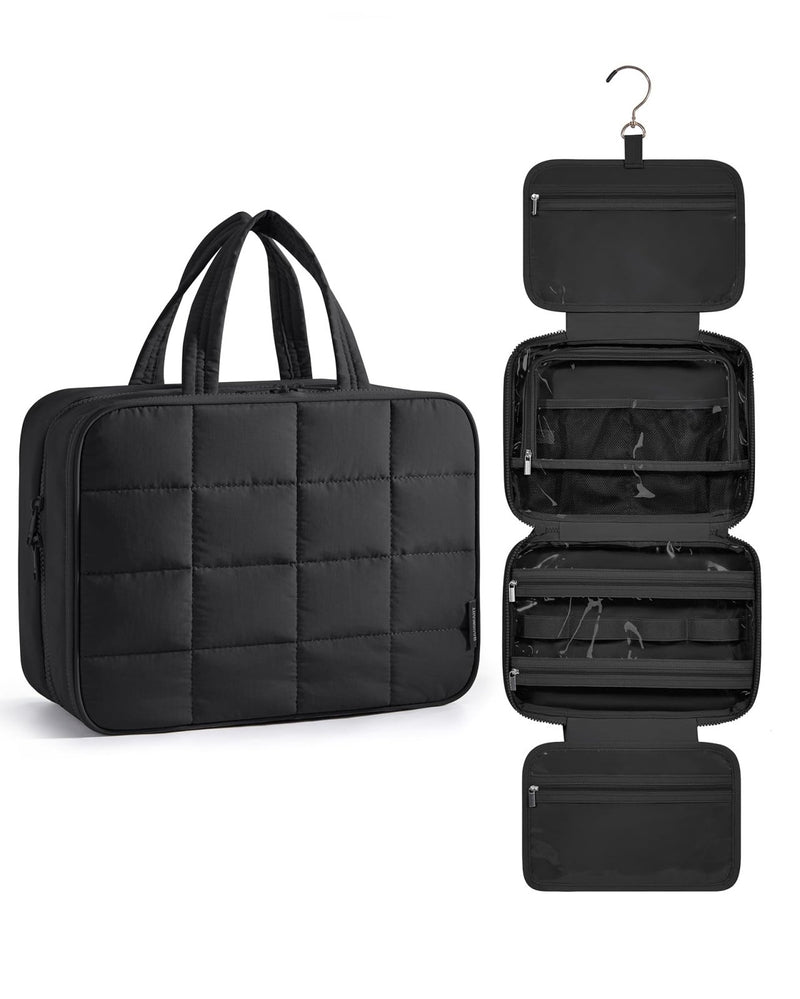 BAGSMART Travel Toiletry Bag with Jewelry Organizer, Hanging Travel Bag for Toiletries, Puffy Makeup Cosmetic Bag Organizer, Carry - on Travel Accessories Essentials, Black - L