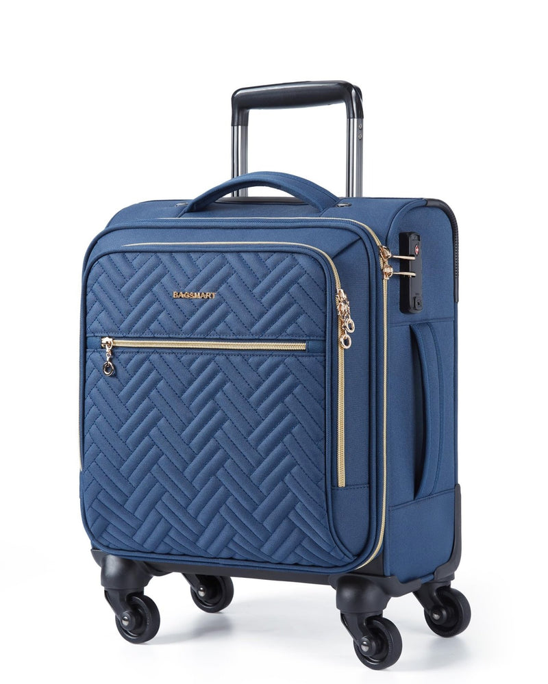 BAGSMART Underseat Carry On luggage Airline Approved, 16 - inch Small Softside Underseater Travel Suitcase with Spinner Wheels Overnight Bag Small Rolling Carry - on for Women Men Weekender, Navy Blue