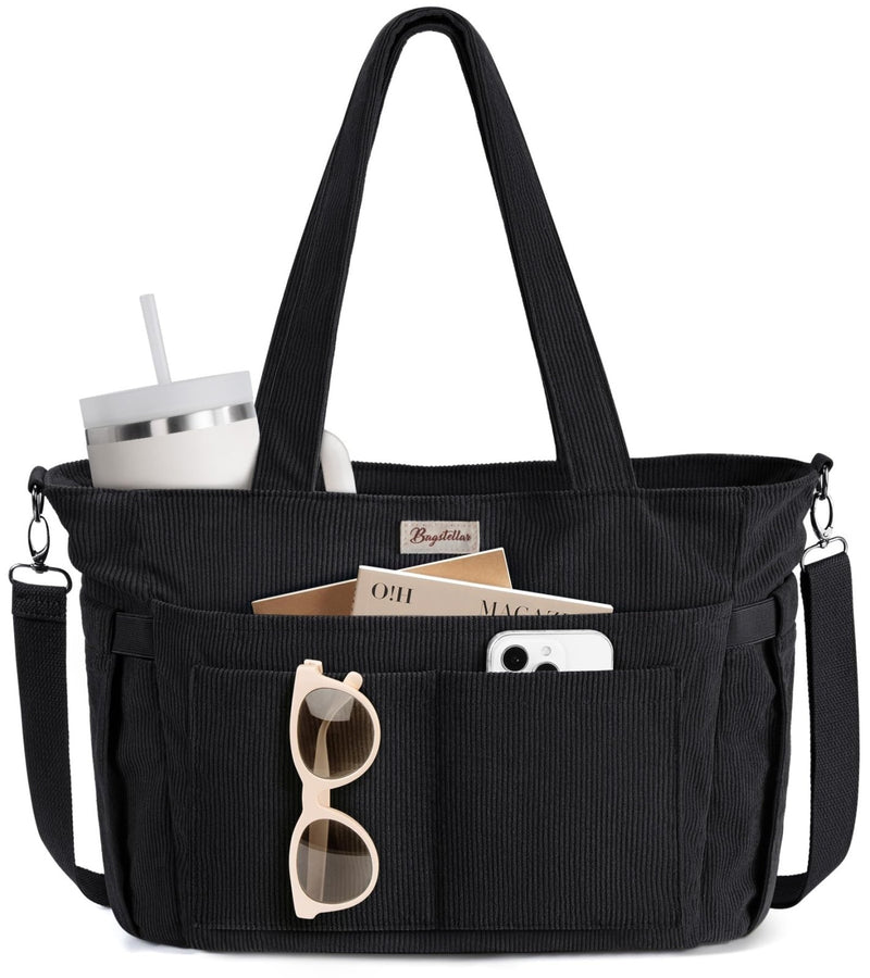 Bagstellar Corduroy Tote Bag for Women, 17 Pockets Laptop Work Tote Bag Lightweight Teacher Nurse Bible Bag for School Travel